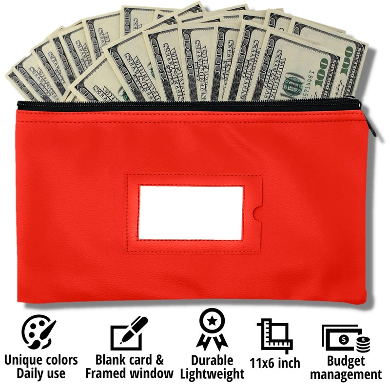 GIDABRAND Money Bank Deposit Bag with Zipper | 11x6 inch | Red | Durable Leatherette Money Cash Coin Check Wallet Pouch for Men & Women with Framed ID Window and Blank Card (1) - Image 2